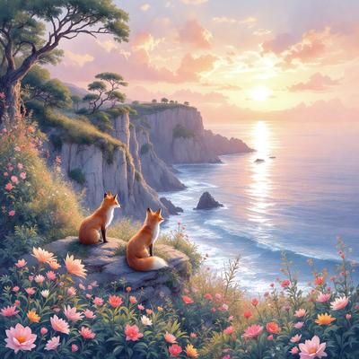 The primary subject of the image is a painting of two foxes sitting on a rock overlooking the ocean. The setting is a beautiful beach with a rocky cliff and a picturesque sunset in the background. The visual style is a digital art painting, which creates a vibrant and lively atmosphere. The dominant colors include shades of pink, purple, and blue, which contribute to the serene and calming mood of the scene.